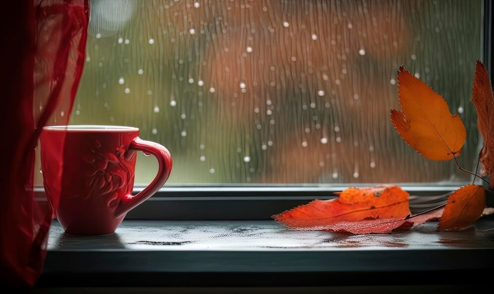 red mug sits windowsill with leaf it 873004 82